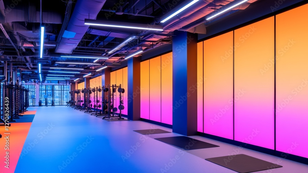 Fototapeta premium Modern gym interior with gradient walls, fitness equipment, and vibrant lighting ambiance
