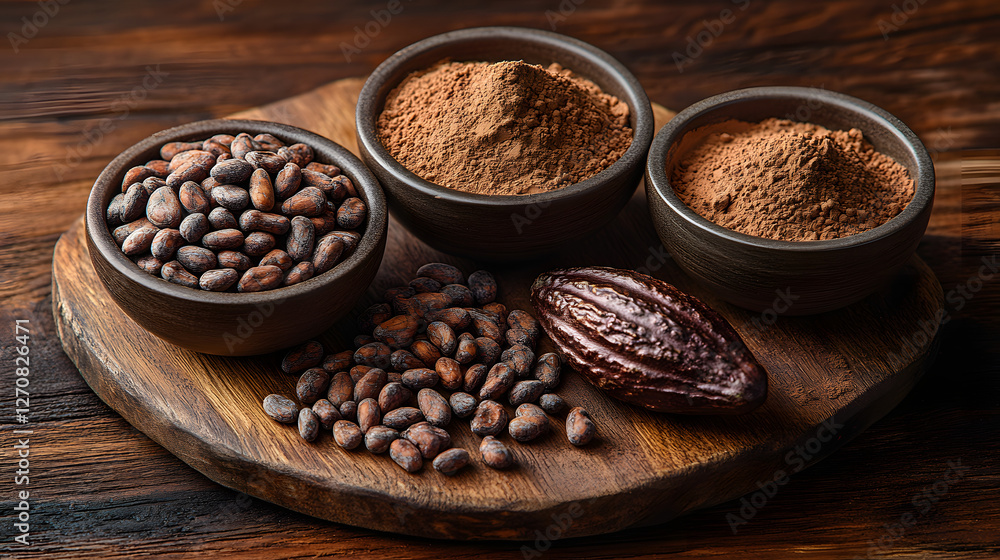 Fototapeta premium A bowl of chocolate powder is on a wooden table with a pile of chocolate beans