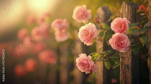 Blossoming pink flowers against weathered wooden background during sunny afte...