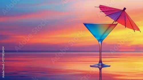 Refreshing cocktail with umbrella at sunset on tropical beach with soft waves