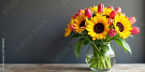 A mix of tulips and sunflowers in a large vase, tulips, vases, arrangement