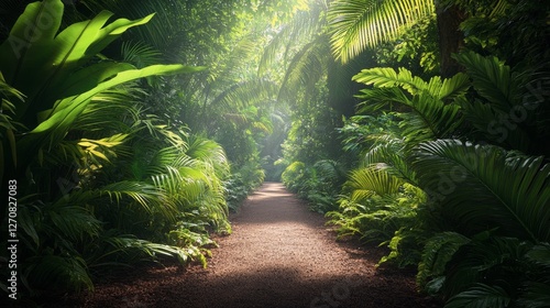 Lush pathway through vibrant tropical rainforest illuminated by soft sunlight