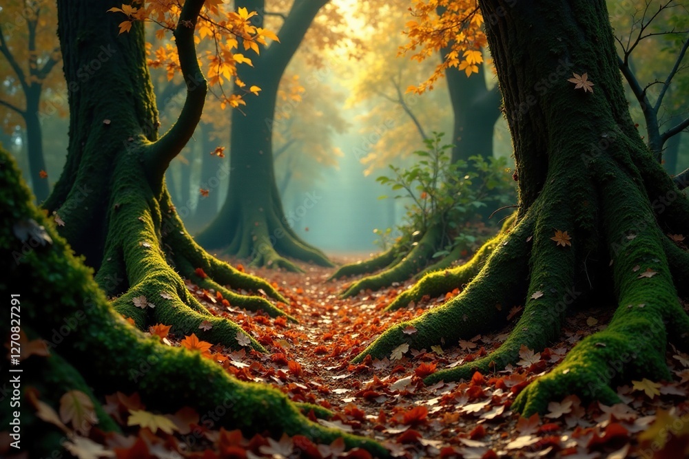 Fototapeta premium Mossy forest floor with fallen leaves and twisted roots, autumn foliage, organic shapes
