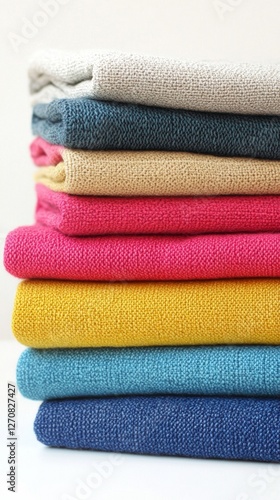 Vibrant stacks of colorful fabrics arranged in a visually appealing display a...