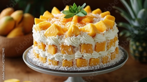 Delicious tropical fruit cake with mango and raspberry decoration on a wooden...