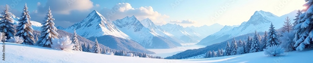 Obraz premium Wintery landscape with snow-covered mountains, winter scenery, snowflakes