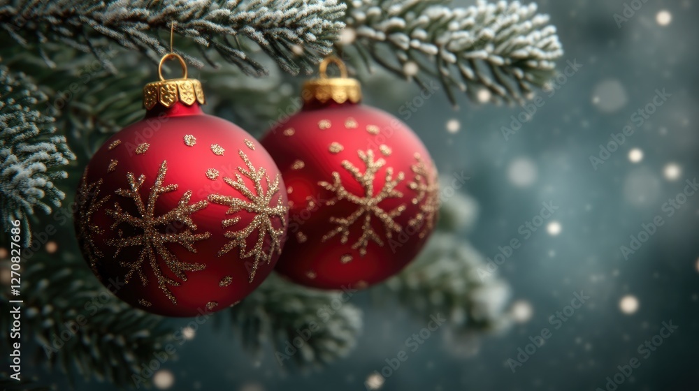 Red Ornaments Decorate Snowy Tree Branches Red Ornaments Decorate Snowy Tree Branches