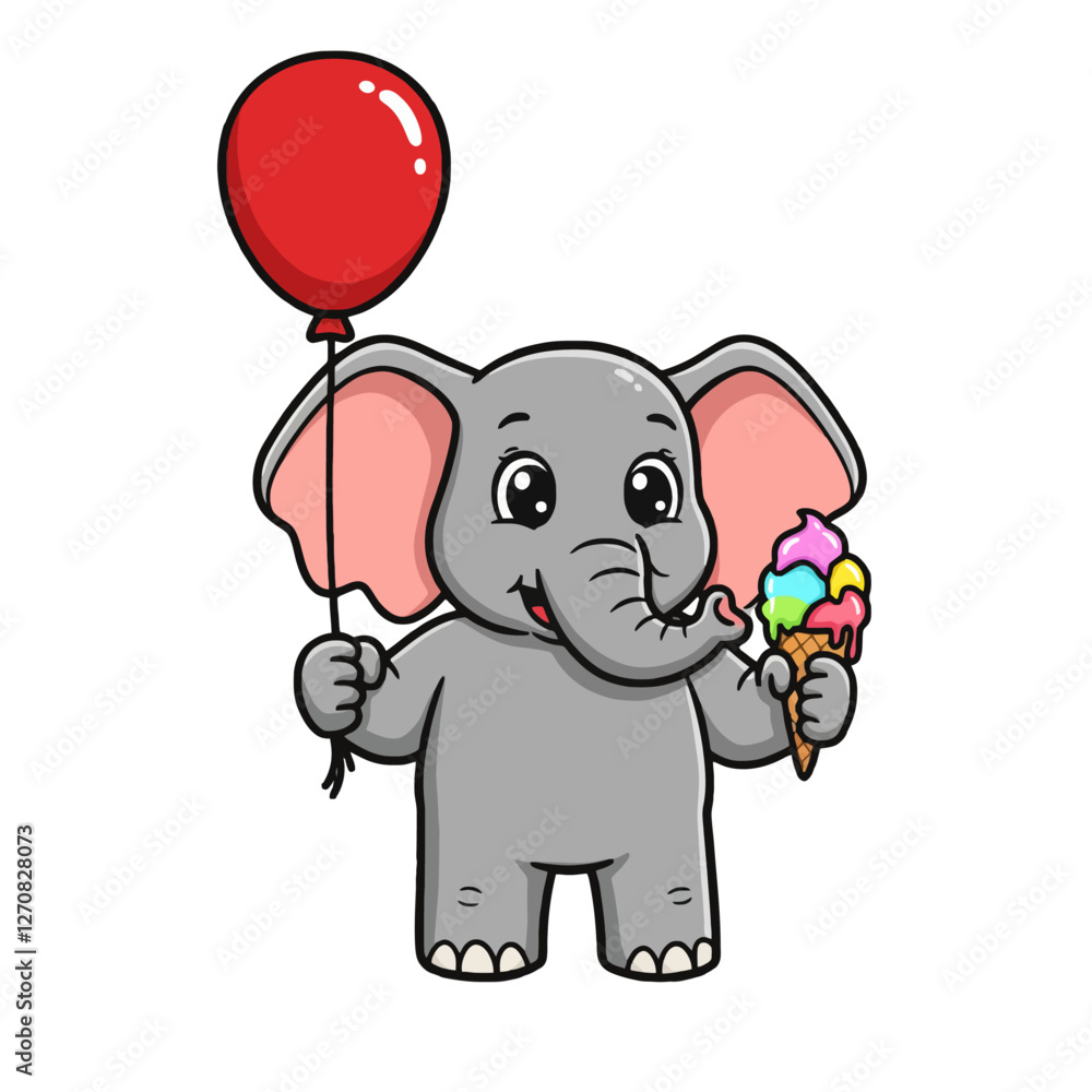 Cute Cartoon Elephant with Balloon and Ice Cream Isolated on White Background Cute Cartoon Elephant with Balloon and Ice Cream Isolated on White Background