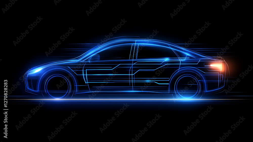 Sleek Modern Vehicle Concept Rendering with Glowing Futuristic Blue Lines on Black Background Sleek Modern Vehicle Concept Rendering with Glowing Futuristic Blue Lines on Black Background