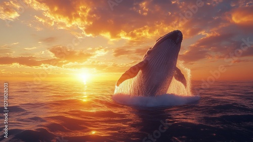 Whale breaches the water at sunset creating a stunning silhouette against the...