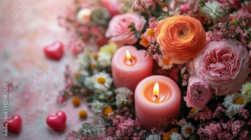 Colorful floral arrangement with candles and hearts for romantic celebration ...