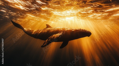 Majestic humpback whale gliding gracefully through golden underwater rays