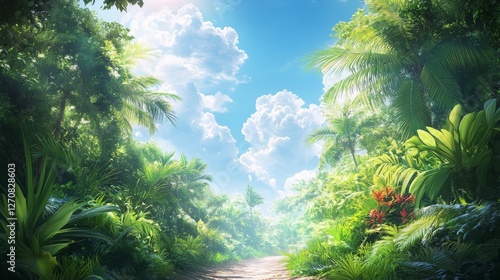 Lush tropical valley with vibrant greenery and bright blue sky on a sunny day