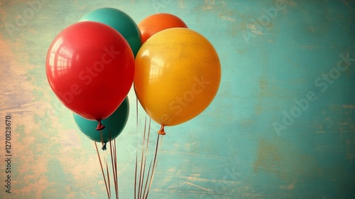 Colorful balloons in vibrant hues floating against a textured blue backdrop
