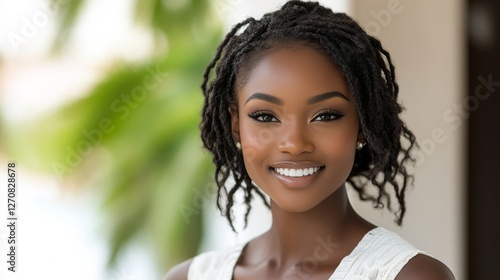 Bright smile of woman at sunset near beach with warm orange glow in background