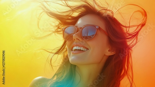 Smiling woman with long hair enjoying vibrant colors on a summer day