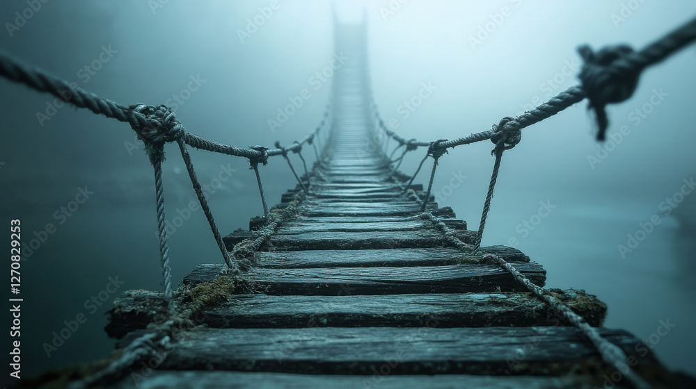 Fototapeta premium A narrow, ancient wooden walkway with irregular planks and frayed ropes, stretching over a calm