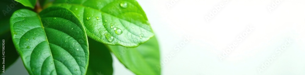 Rubber tree leaves with dew on white background, flora, dew, botanical Rubber tree leaves with dew on white background, flora, dew, botanical