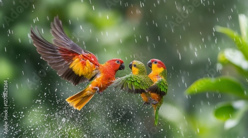 Colorful parakeets in mid-flight during a rain shower in a lush tropical setting
