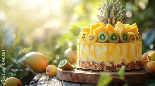Delicious tropical cheesecake topped with fresh fruit near a beautiful ocean ...