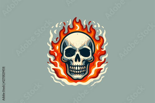 An illustration of a burning skull with fiery flames, glowing eyes, and an intense, haunting aura.