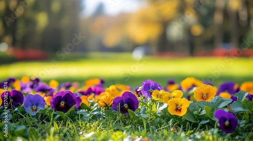 Colorful pansies bloom in a serene park during a sunny afternoon in fall