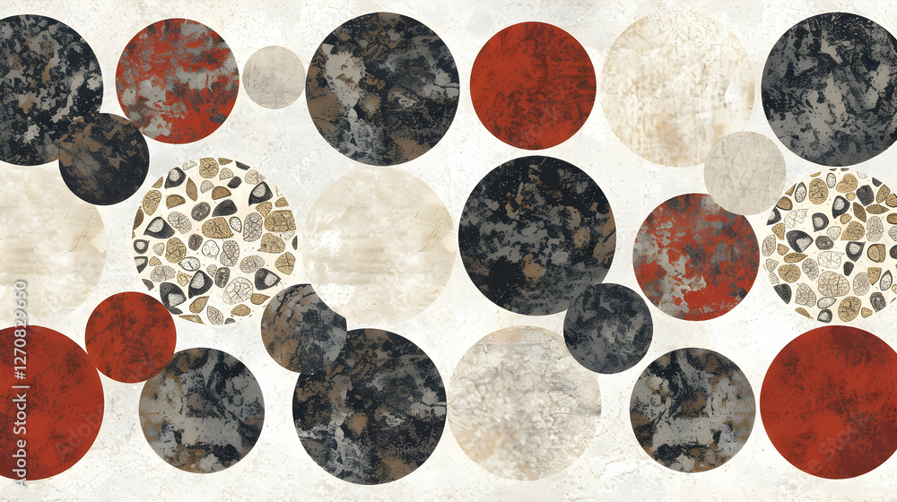 Abstract pattern featuring circles in various colors and textures on a light background. Abstract pattern featuring circles in various colors and textures on a light background.