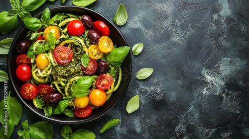 Fresh vegetable salad with pesto dressing displayed on green background