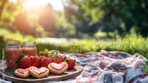 Sunny picnic with heart-shaped cookies and strawberries by the water in a vib...