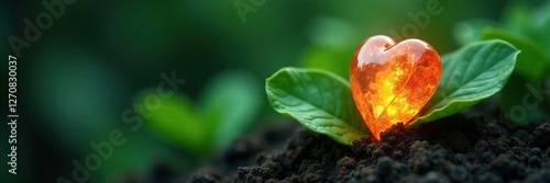 Glowing gemstone embedded in the heart of a lush green plant, earthy, stem, plant