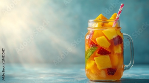 Refreshing summer drink with fruit slices in a jar placed outdoors during sun...