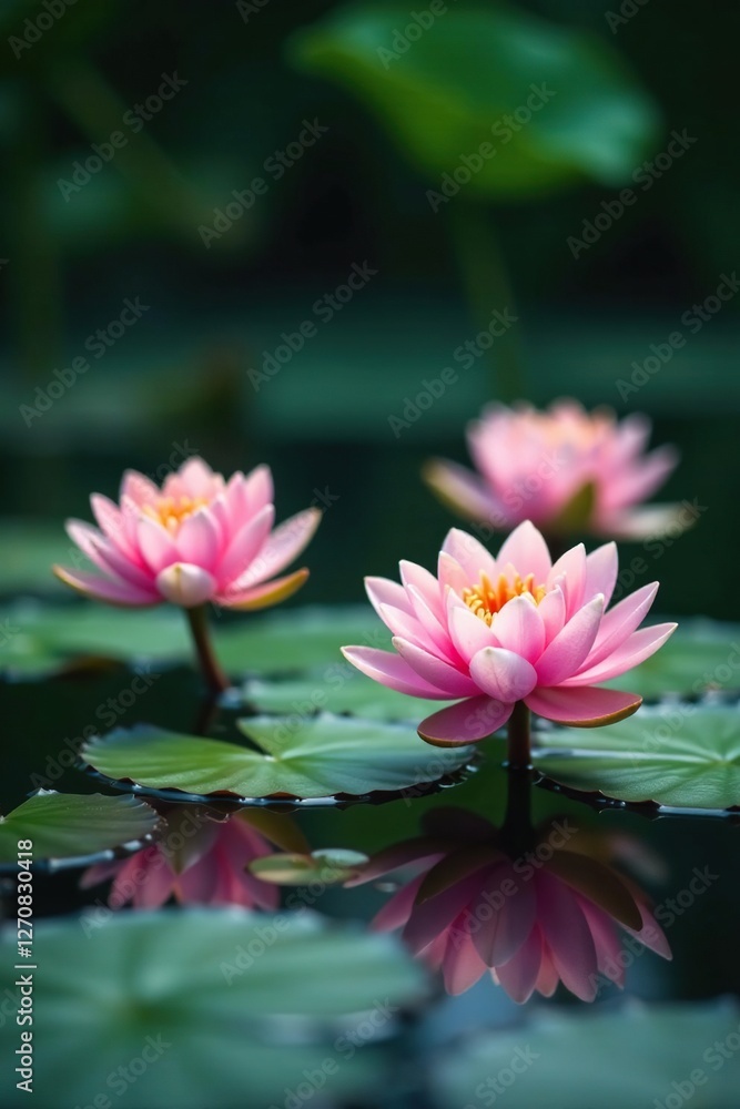 Water lilies blooming on the surface of a peaceful water garden pool, flowers, flora, wildlife Water lilies blooming on the surface of a peaceful water garden pool, flowers, flora, wildlife