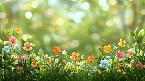 Colorful flowers blooming in a sunny garden filled with greenery and soft bokeh