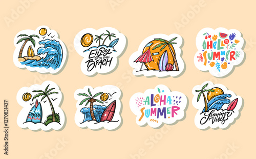 Vibrant and Colorful Summer Stickers Featuring Beach and Surf Themes for Exciting Designs