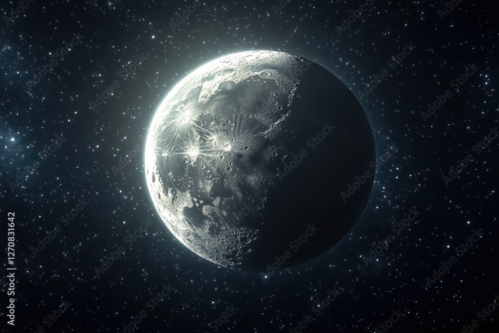 Fototapeta premium Half Moon glowing in the dark space with thousands of stars