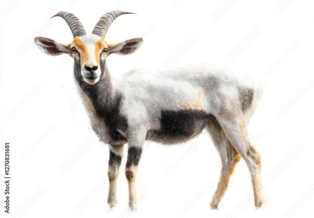 Detailed Illustration of a Beautiful Goat with Distinctive Horns and Unique Color Patterns on Its Fur Detailed Illustration of a Beautiful Goat with Distinctive Horns and Unique Color Patterns on Its Fur
