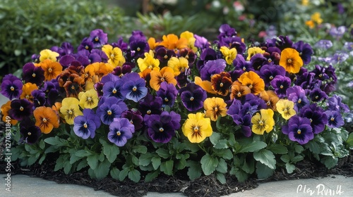 Colorful pansies bloom in a serene park during a sunny afternoon in fall