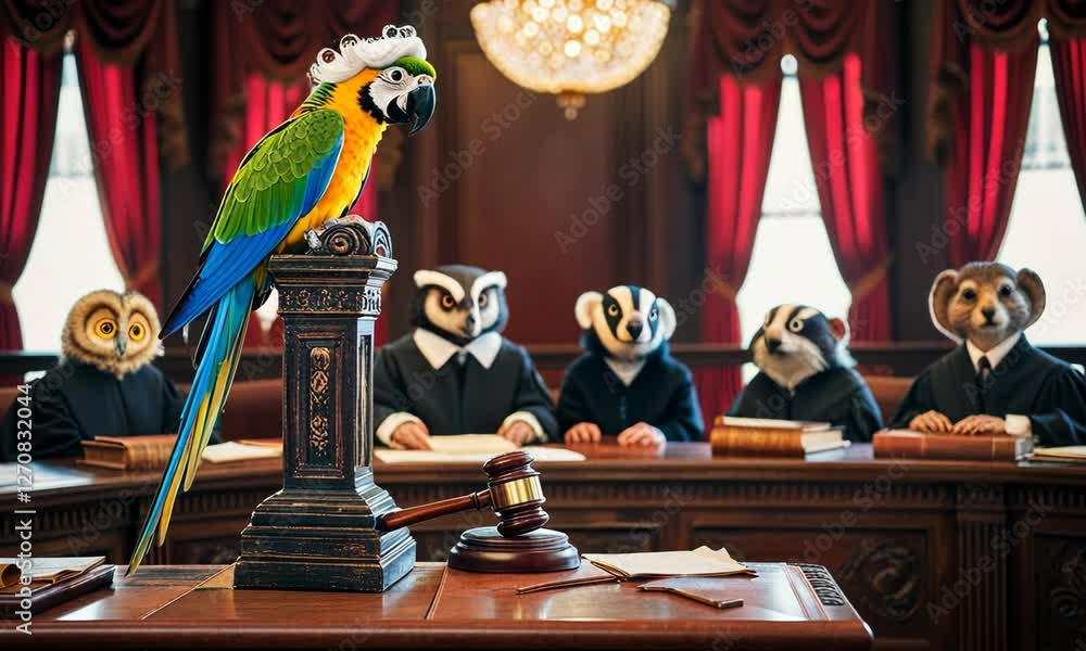 kangaroo court. green parrot judge, holding a golden gavel in a courtroom