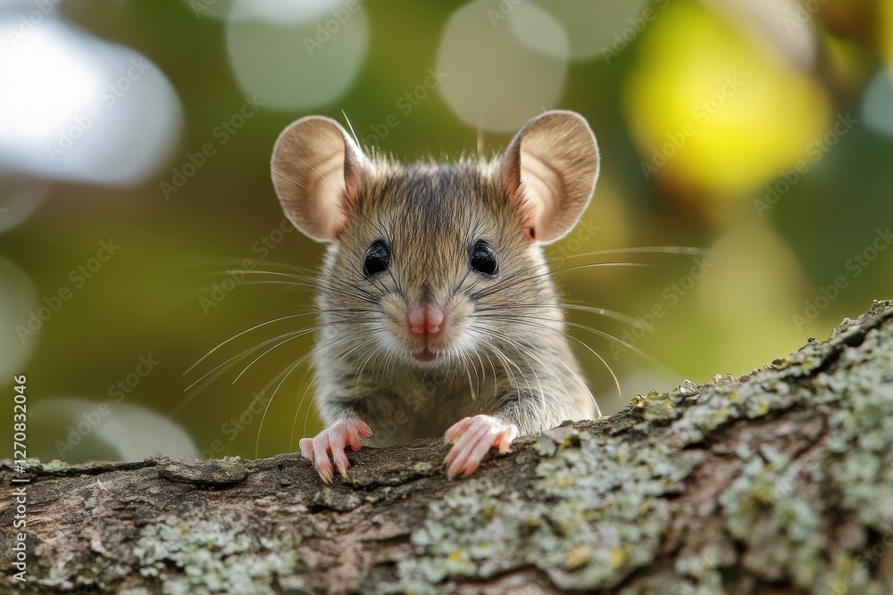 Cute mouse peeking over tree branch in forest Cute mouse peeking over tree branch in forest