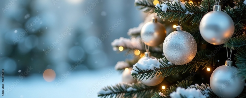 Snowy Christmas tree with white ornaments and silver lights, elegant tree, holiday decor Snowy Christmas tree with white ornaments and silver lights, elegant tree, holiday decor