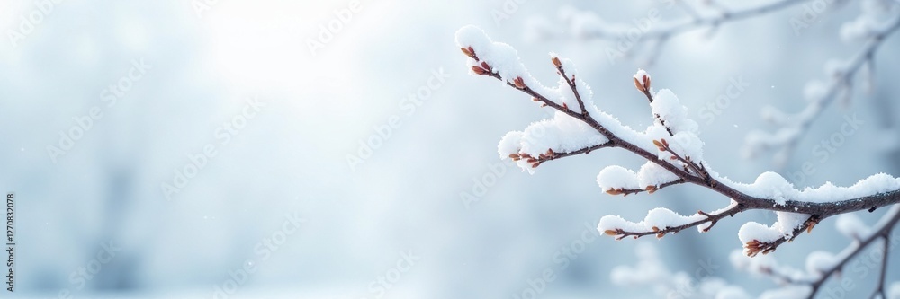 Snowy branch against pale white winter background, frosty texture, serene, frozen, snowy Snowy branch against pale white winter background, frosty texture, serene, frozen, snowy