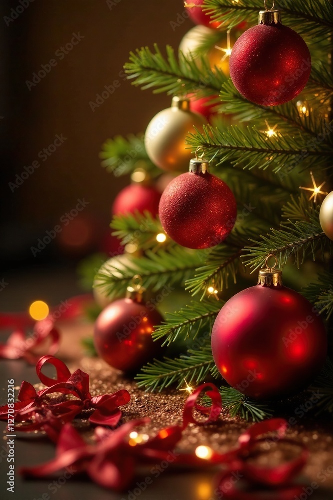 Sparkling red ornaments scattered on a golden Christmas tree, tree adornments, Sparkling red ornaments scattered on a golden Christmas tree, tree adornments,