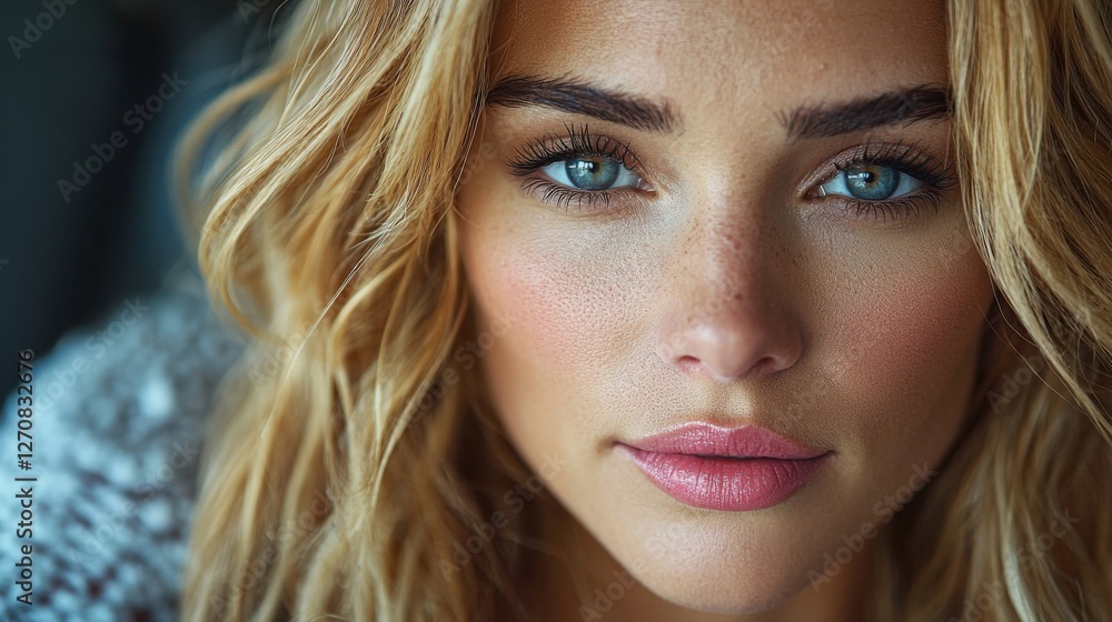 Naklejka premium Close-up Portrait of a Young Woman with Freckles and Blue Eyes