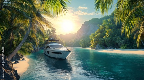 Serenity of a remote tropical cove with a sailboat anchored in crystal clear ...