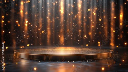 Radiant golden stage with shimmering lights ideal for performances, showcases, and events in a dark atmospheric setting during the evening