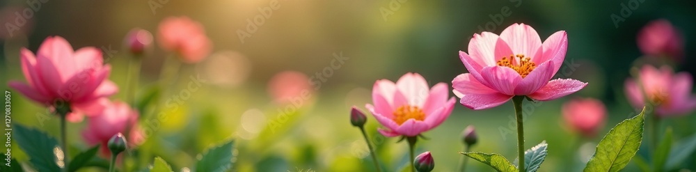 Spring morning with dew-covered flowers in the garden, natural, blooms, dew Spring morning with dew-covered flowers in the garden, natural, blooms, dew