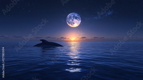 Dolphin swimming under a vibrant full moon over calm ocean waters at night