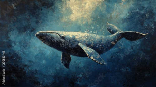 Majestic whale glides through shimmering waters with sunlight streaming above