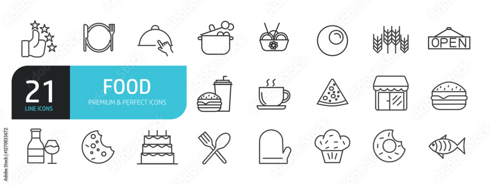 Fototapeta premium Set of line icons related to food, restaurant, menu, kitchen. Outline icons collection. Editable stroke. Vector illustration.