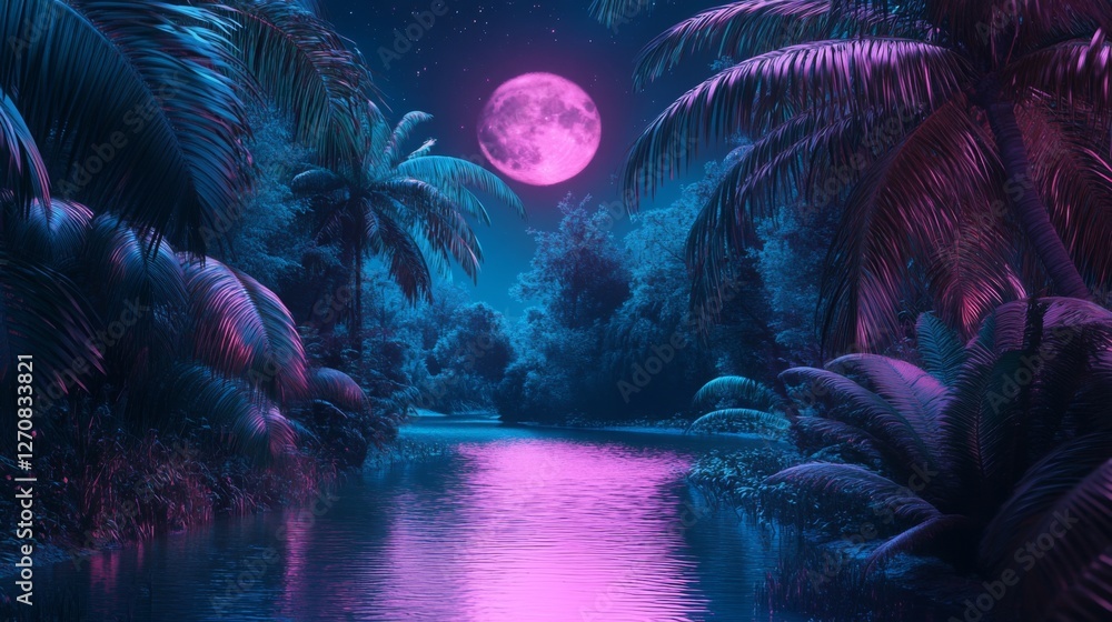 Fototapeta premium Enchanting tropic nightscape with a pink moon over still water amid neon palms